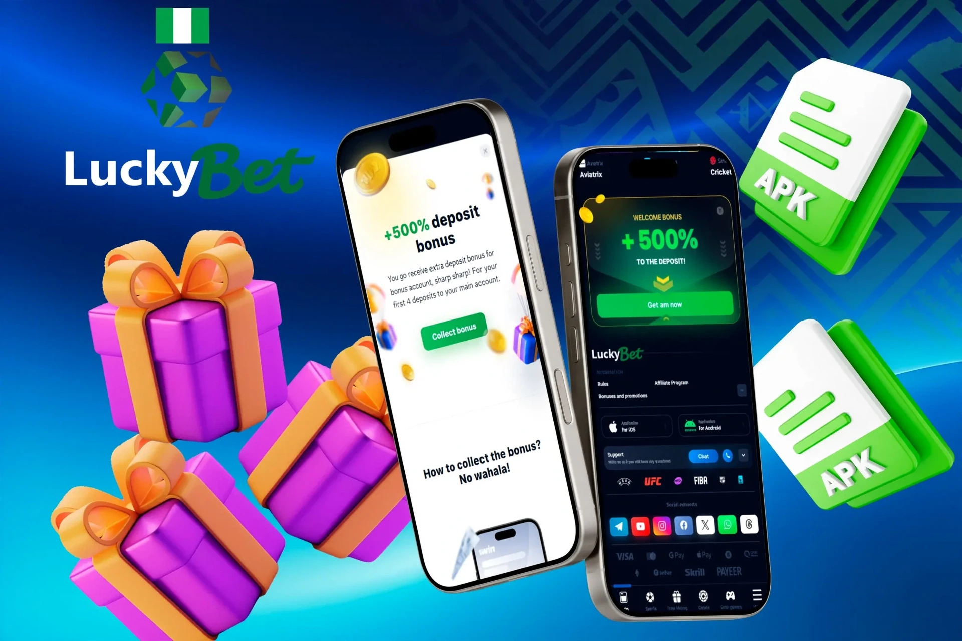 LuckyBet mobile app promotion with 500% deposit bonus and gift box illustration