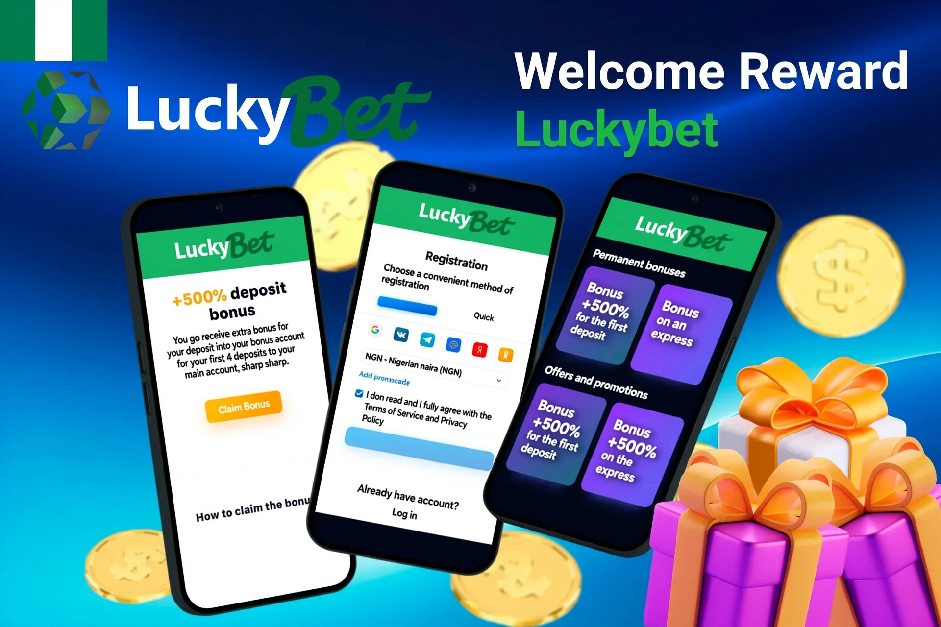 Mobile screens displaying LuckyBet registration and 500% deposit bonus with gift boxes