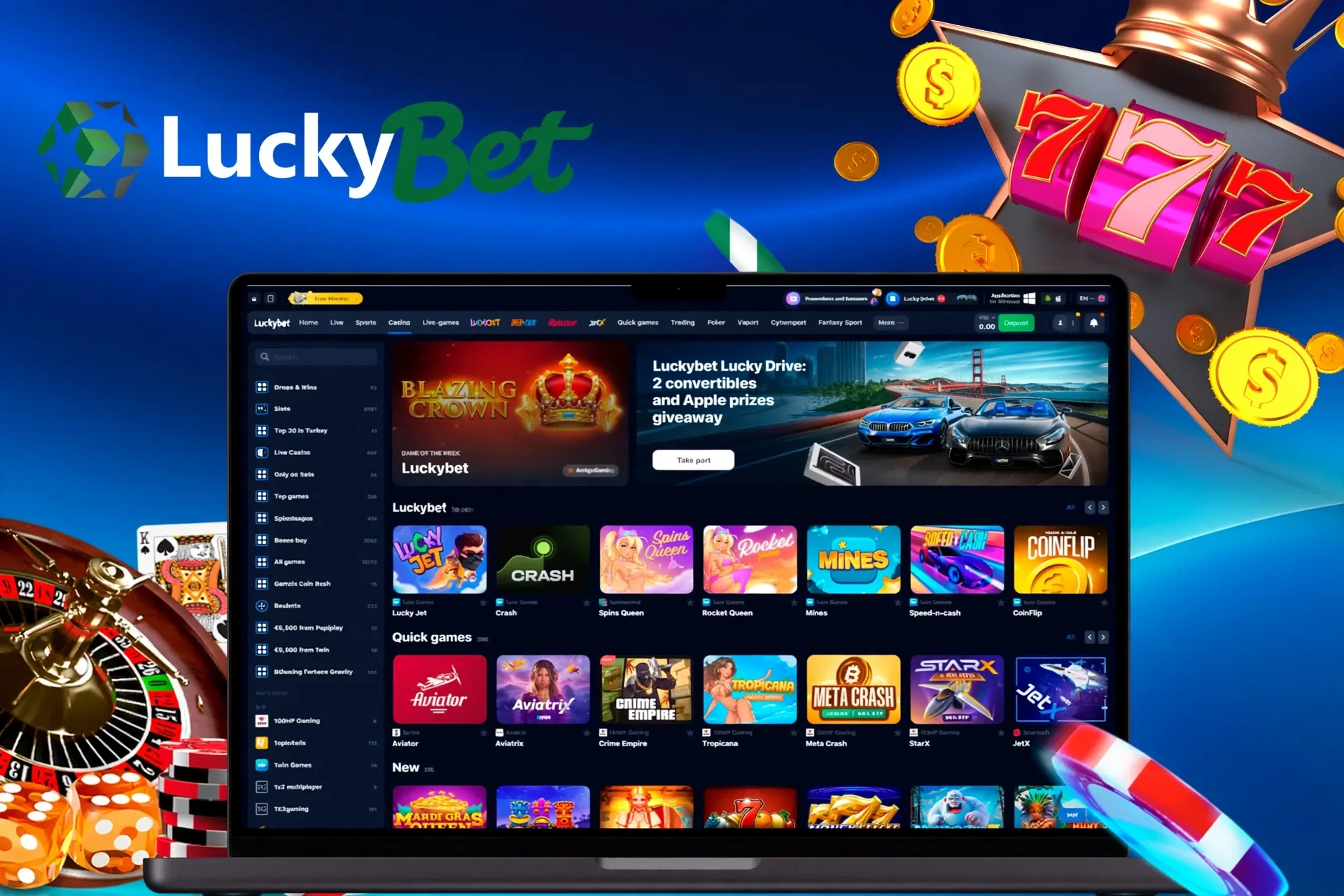 Casino homepage with various slot and crash games, including Lucky Jet and Blazing Crown