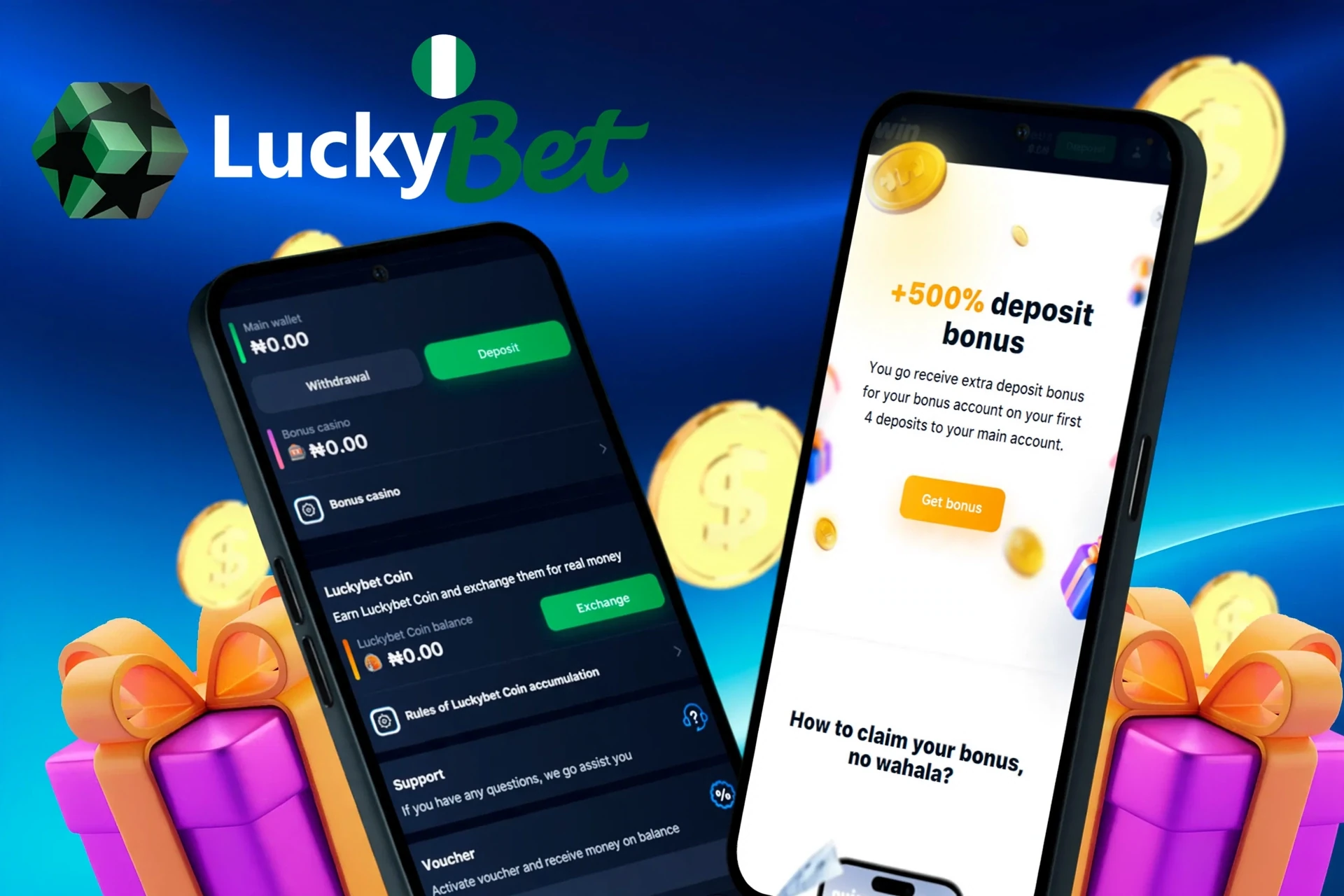 LuckyBet deposit and withdrawal screen showing wallet balance, account management options, and an up to 250% deposit bonus offer