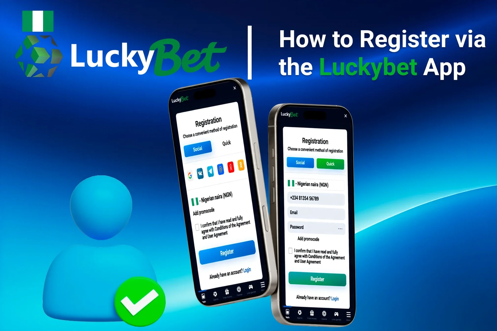 Registration process on the LuckyBet mobile app with social login options