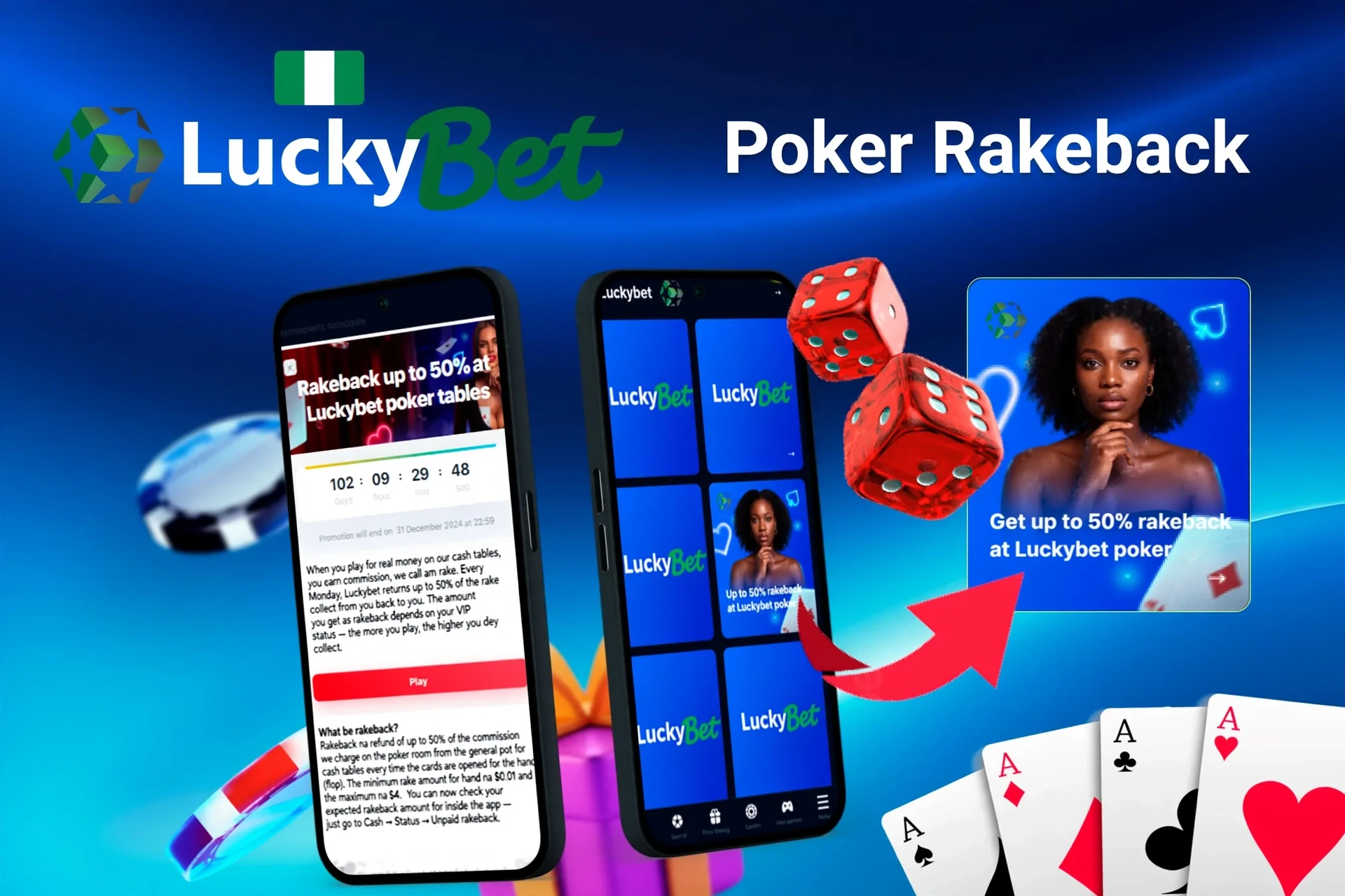 Mobile app showing LuckyBet poker rakeback offer up to 50%, red dice, and playing cards