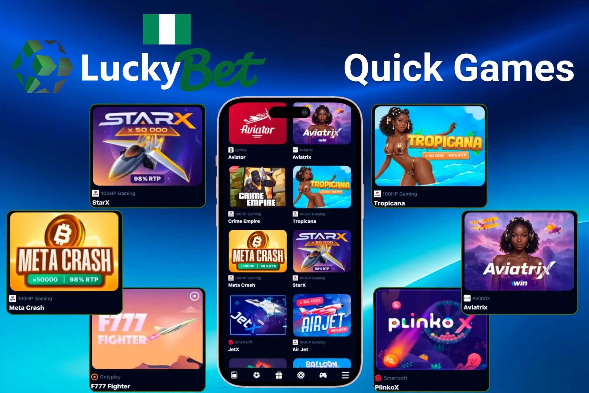 Quick games section highlighting titles like StarX, Tropicana, Meta Crash, and PlinkoX on mobile app