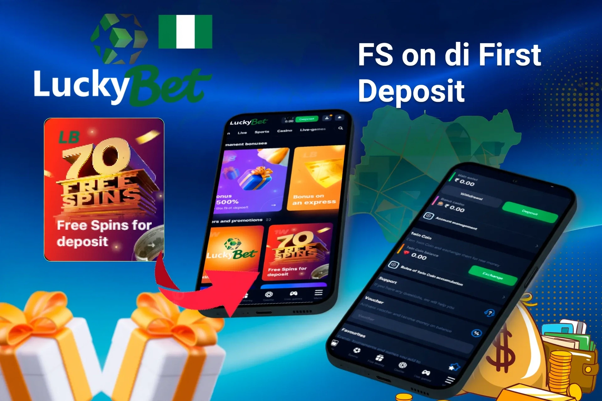 Mobile app displaying casino promotions such as a loyalty program and free spins with poker chips and cards
