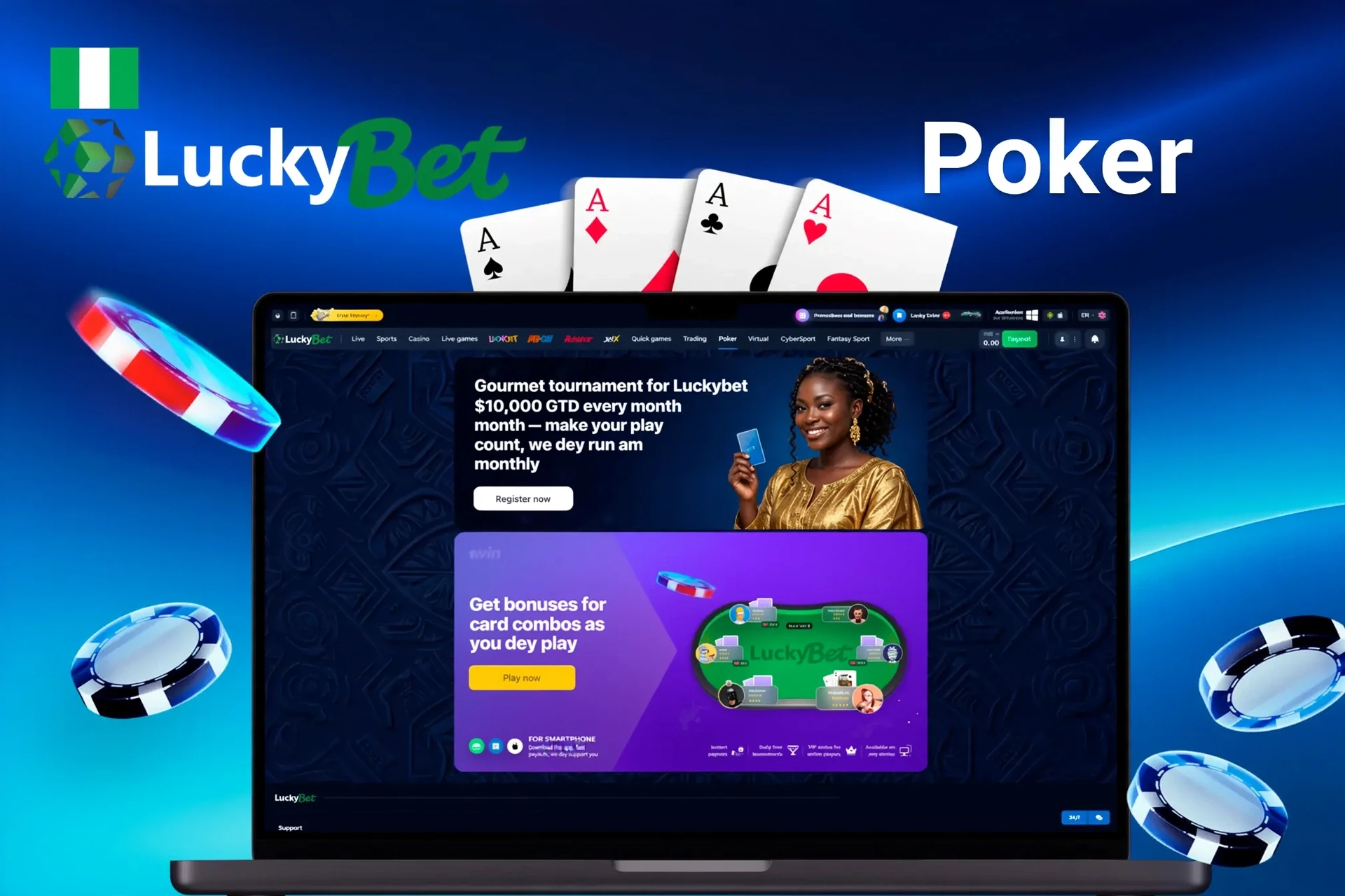 LuckyBet poker promotion showcasing a gourmet tournament with $10,000 guaranteed prize and card-combination bonuses