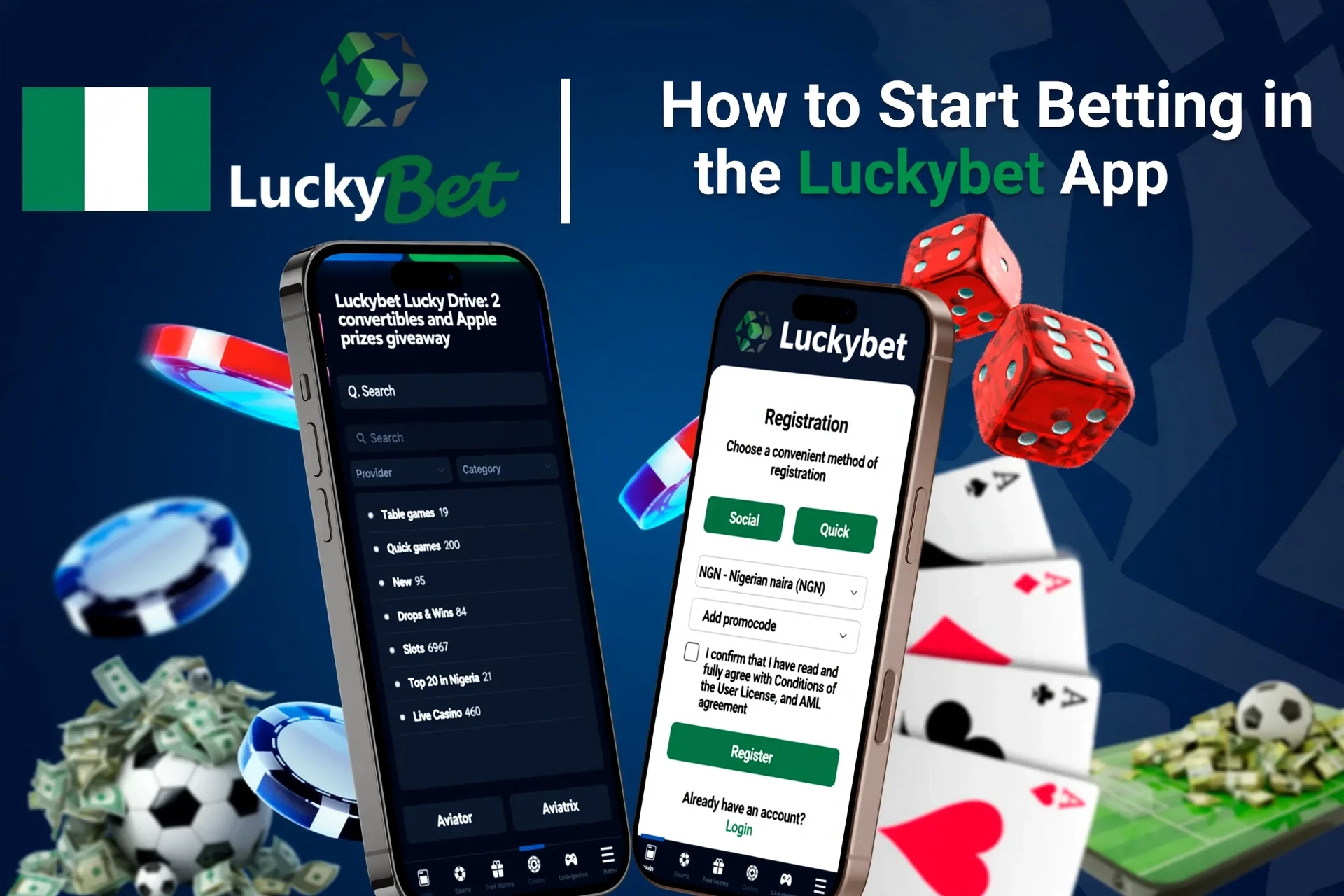 Step-by-step guide to starting betting on the app, with registration and game selection shown on mobile screens