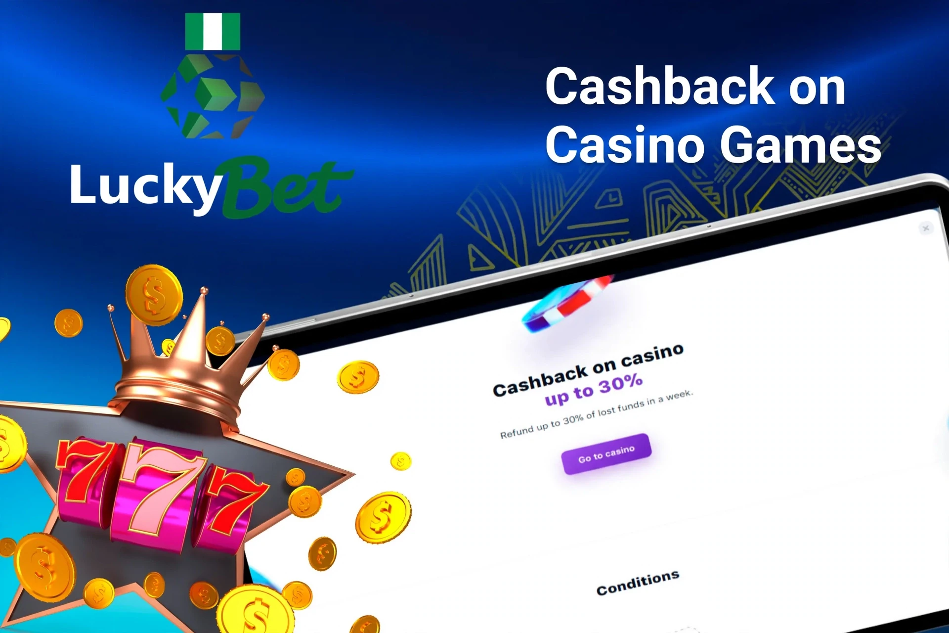 Mobile app with LuckyBet poker rakeback offer up to 50%, red dice, and playing cards