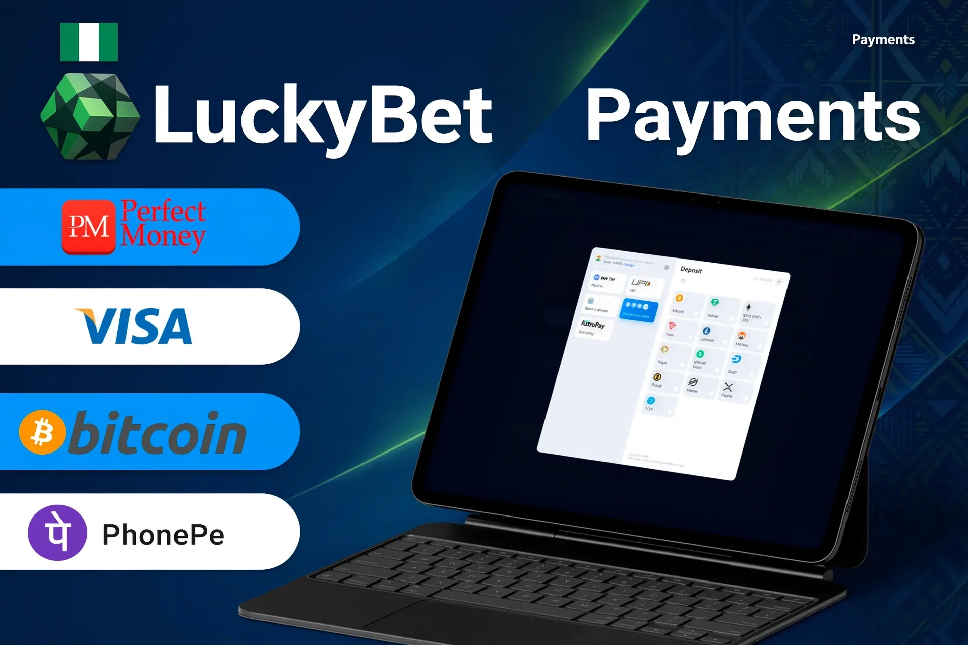 LuckyBet payment methods including Perfect Money, Visa, Bitcoin, Quickteller, and Paystack for quick and secure transactions