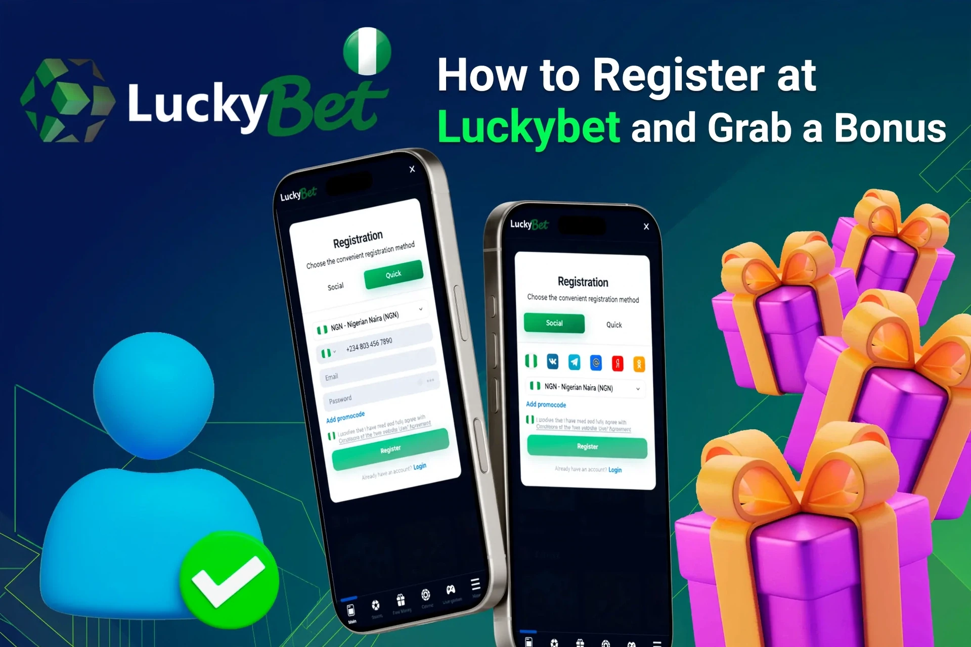 Mobile registration page for LuckyBet showing bonus offers with purple and gold gift boxes