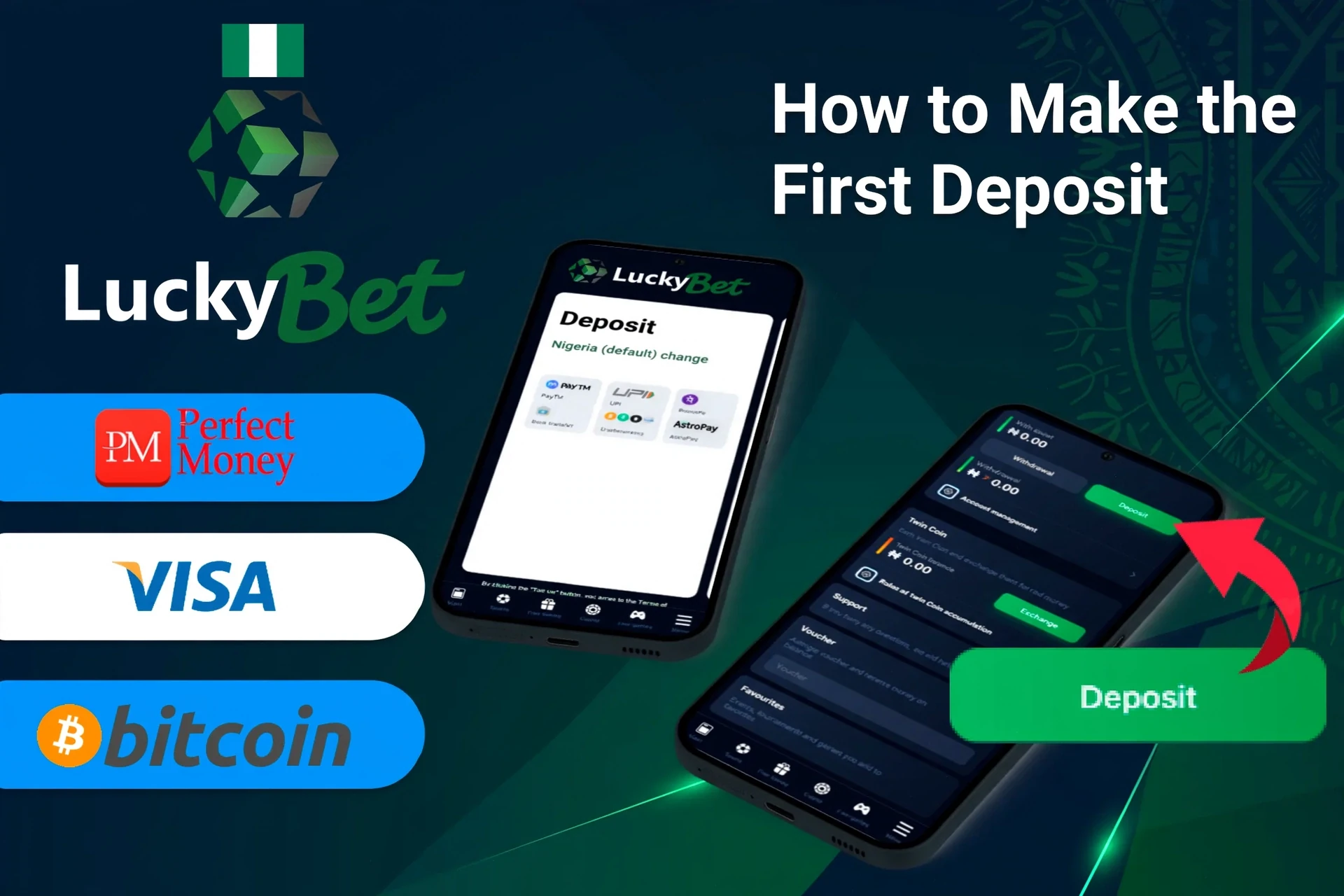 mobile app with deposit options including Perfect Money, Visa, and Bitcoin, along with deposit button