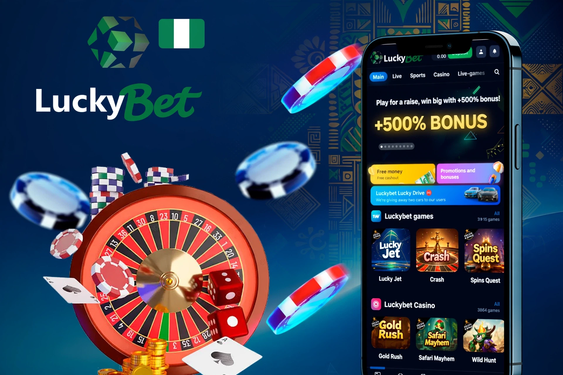 Mobile version of the LuckyBet app displayed on smartphones, offering quick access to various betting and gaming features