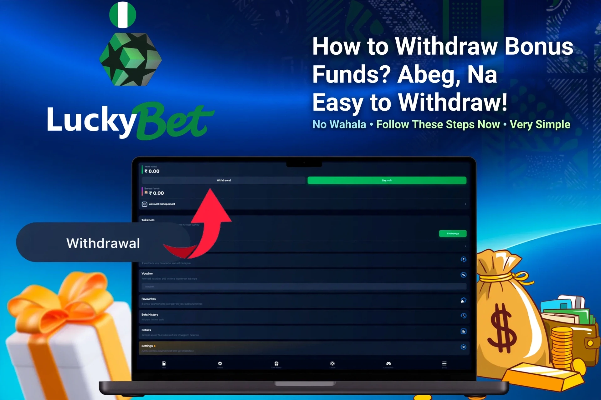 Laptop screen showing LuckyBet withdrawal options with money bags and gift boxes in the background