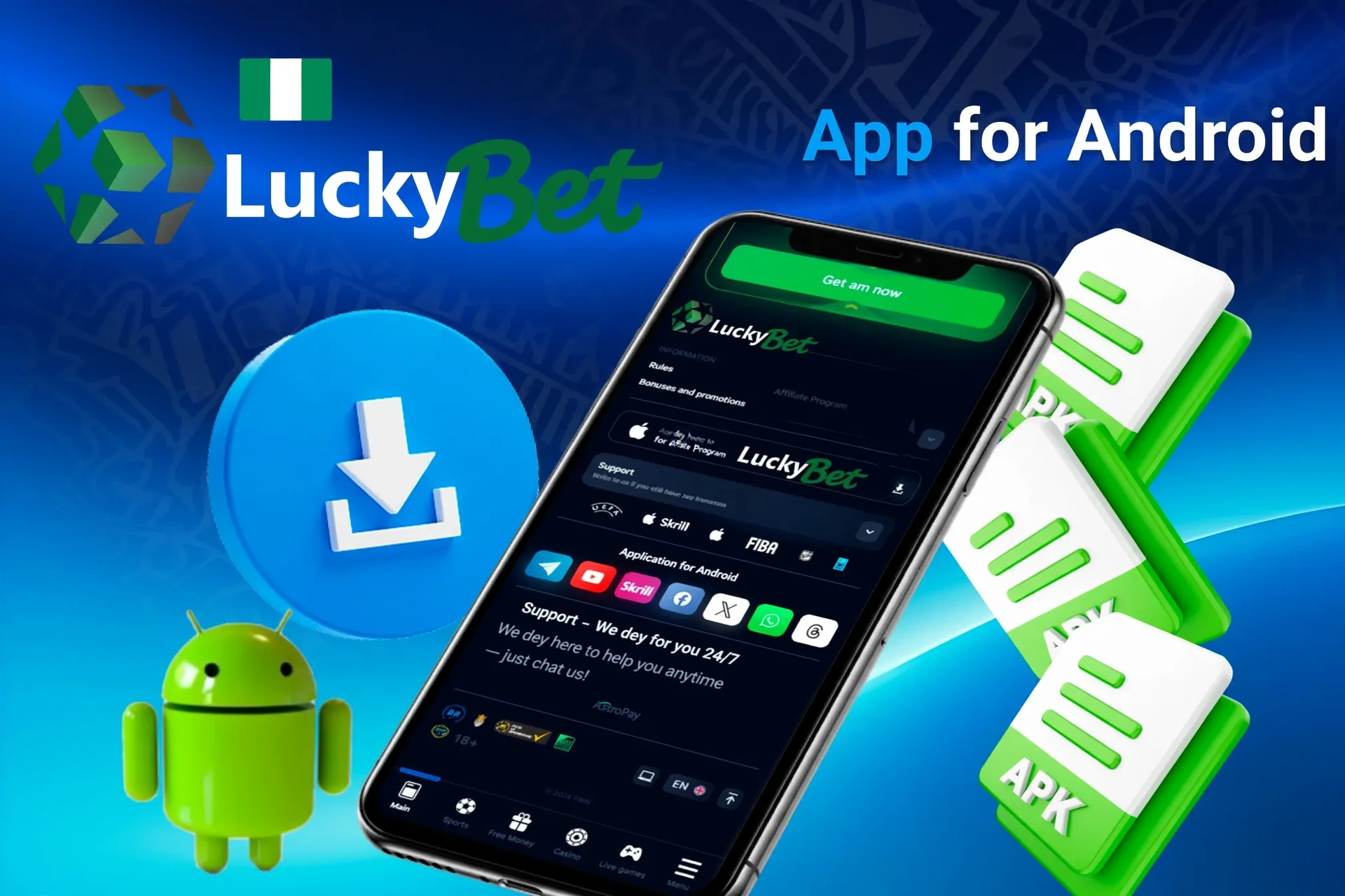 App for Android download process with APK file icons and Android mascot