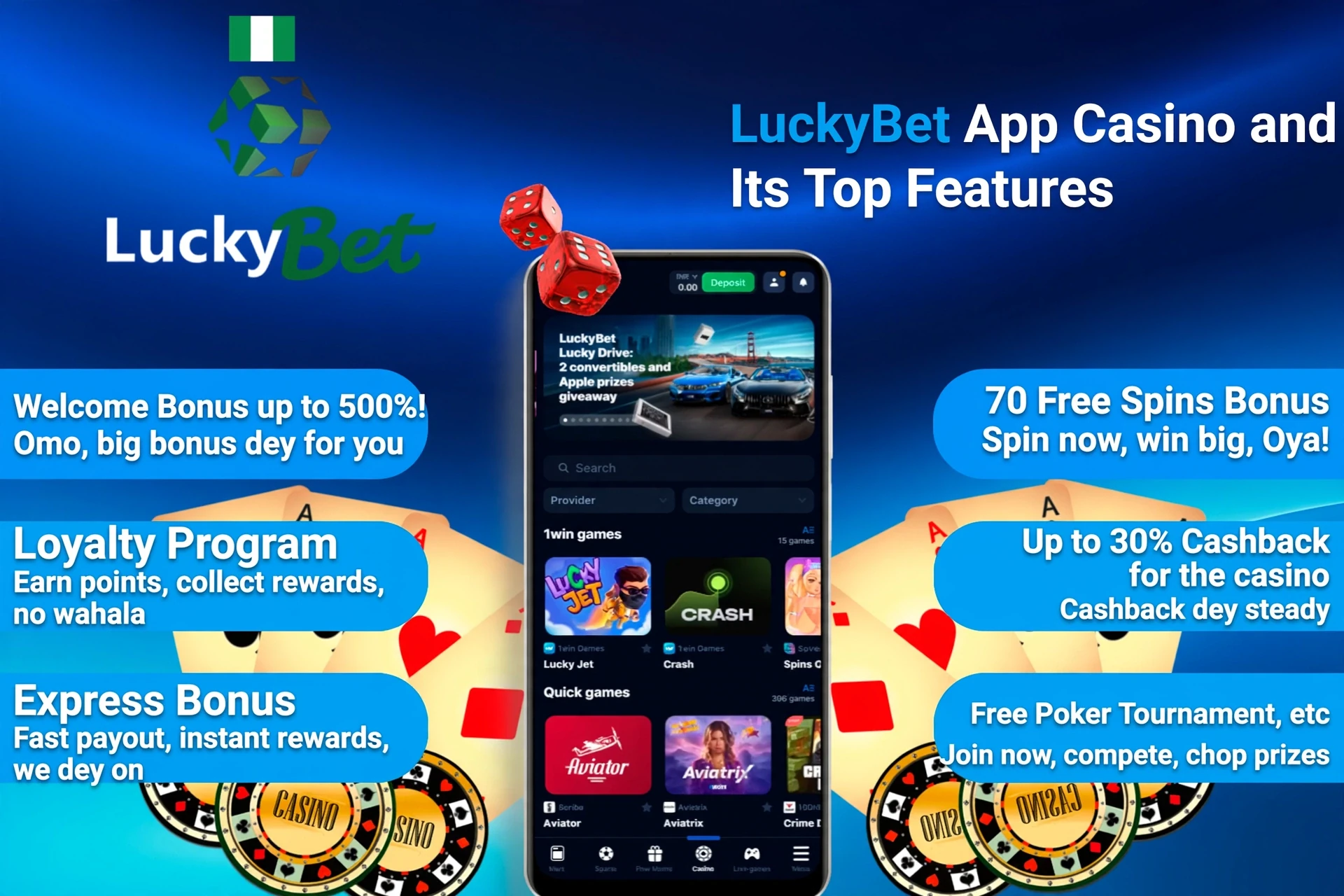 LuckyBet App Casino top features including welcome bonus, loyalty program, and express bonus on mobile interface