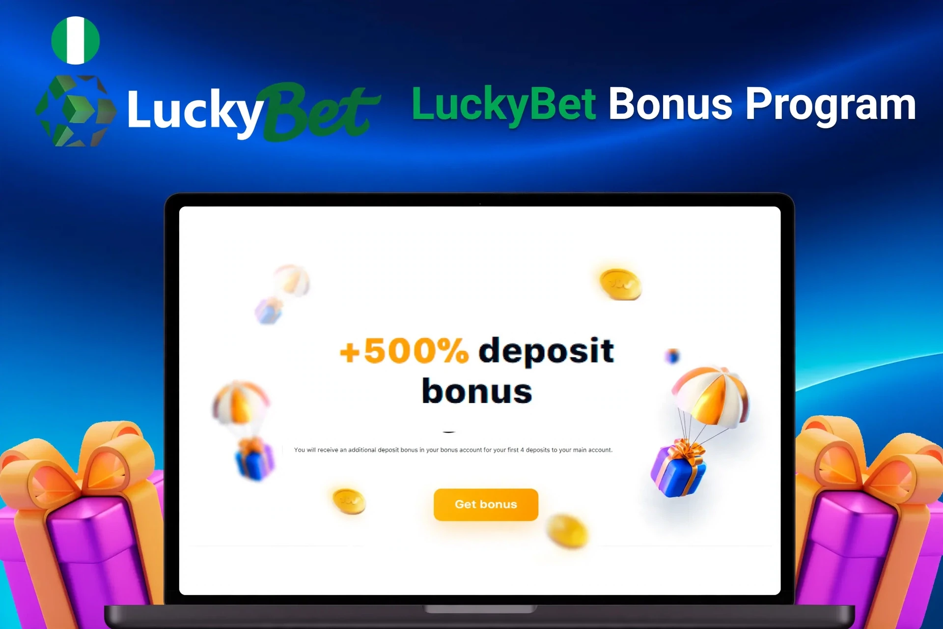 Laptop showing bonus offer of +500% deposit bonus with floating coins and gifts