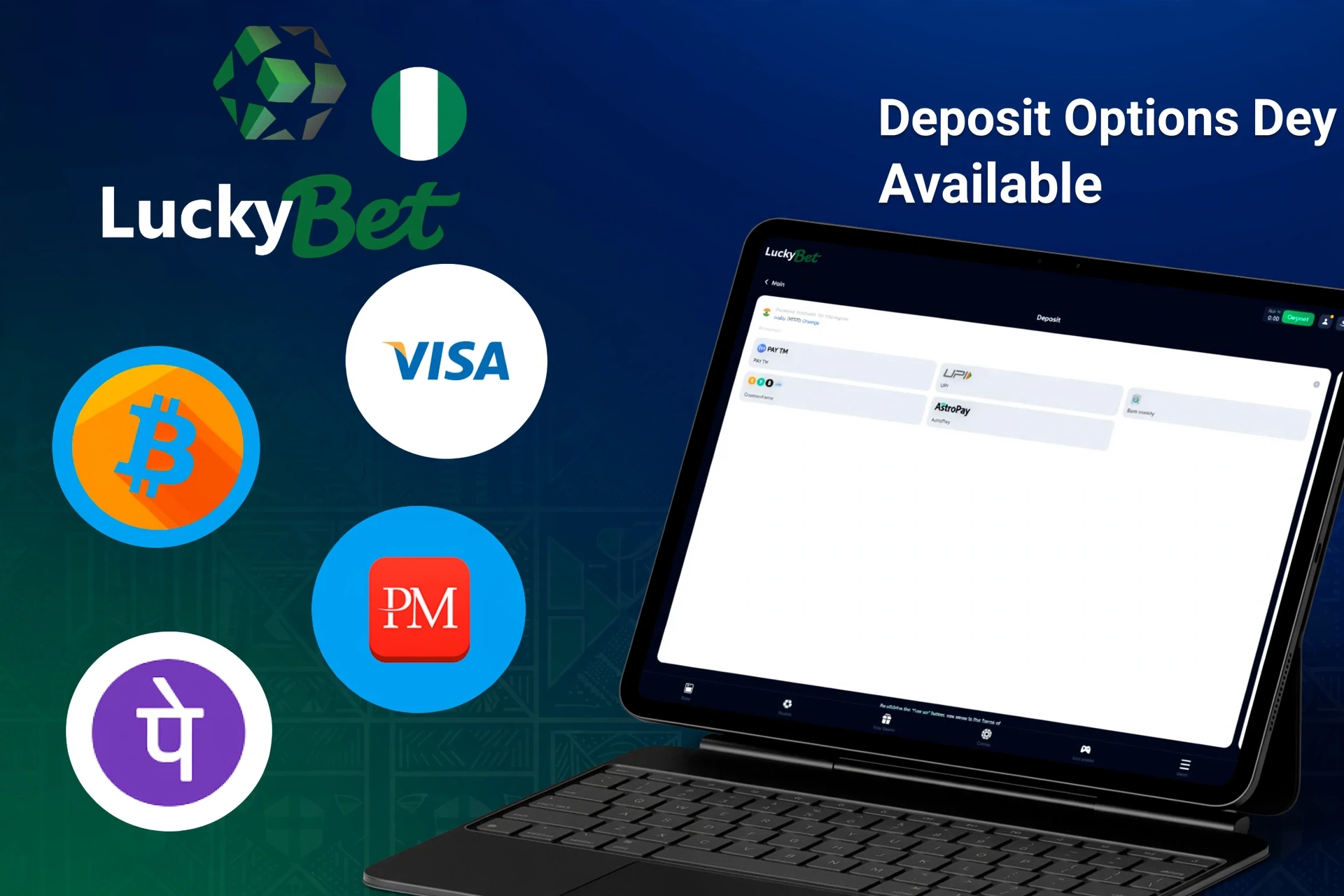 Deposit options available on LuckyBet platform, including Quickteller, Paystack, Flutterwave, Monnify and Nigerian bank transfers, displayed on a tablet