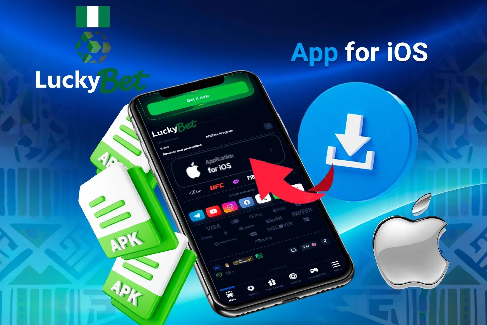 iOS app download screen with APK file icons and Apple logo