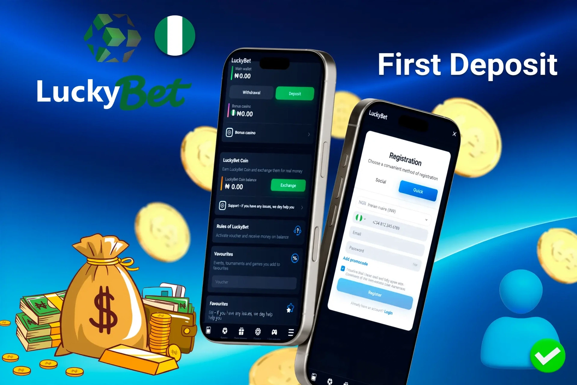 mobile interface showing steps to make the first deposit, with icons for payment options and bonus registration