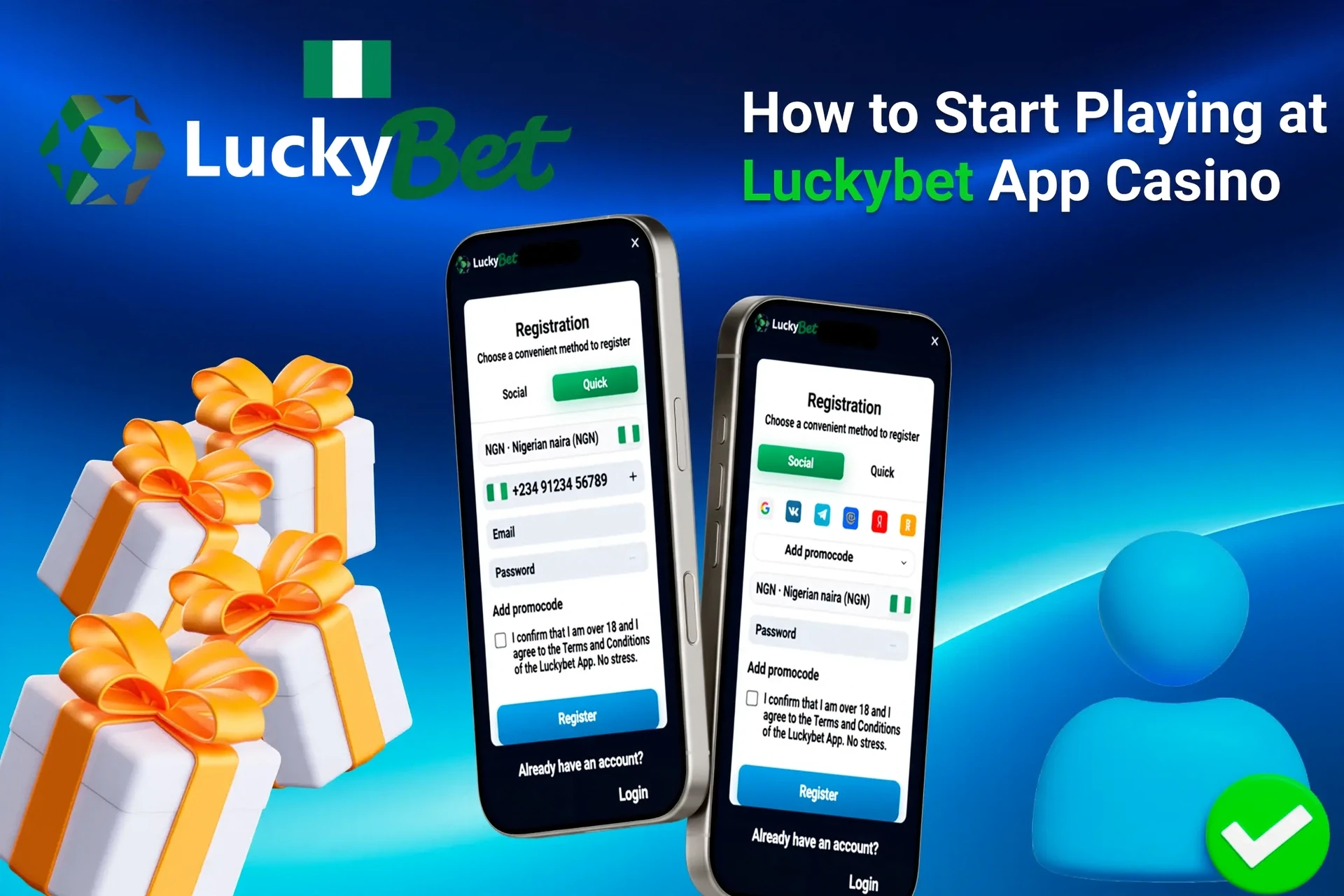 LuckyBet app registration screen on mobile with easy-to-follow steps and gift box icons