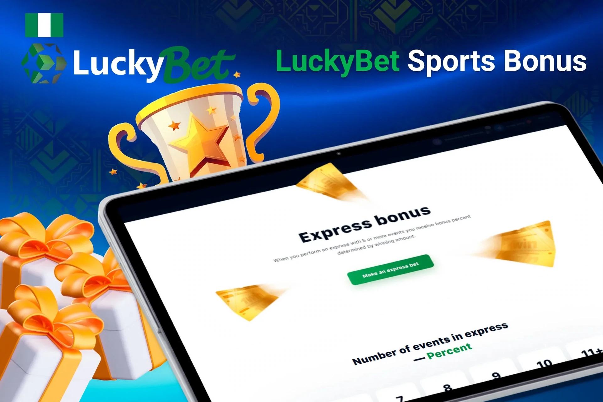 Tablet screen with express bonus offer for sports betting from 1Win, with trophy and gift boxes.