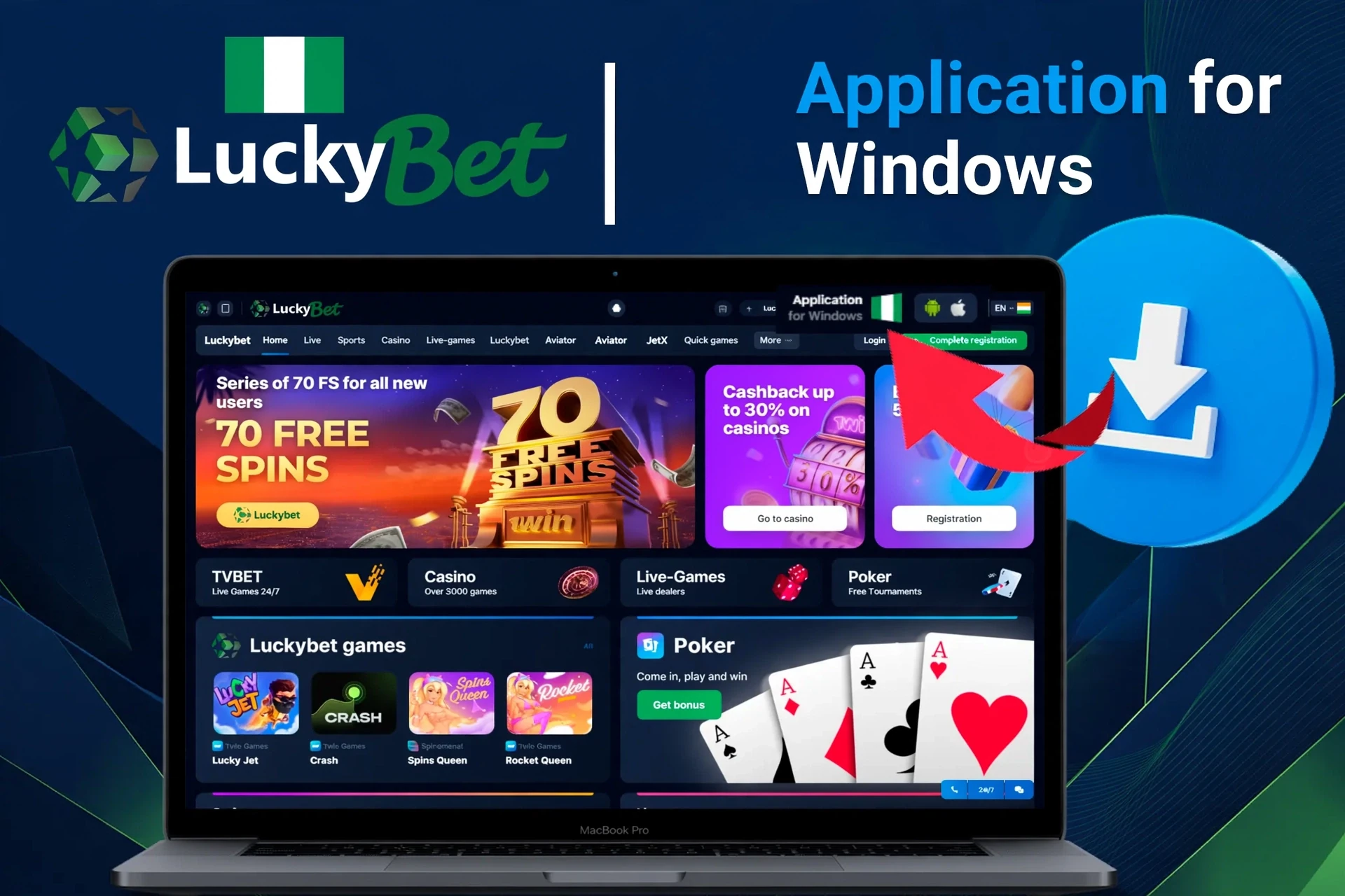 Application for Windows with download instructions and 70 free spins promotion