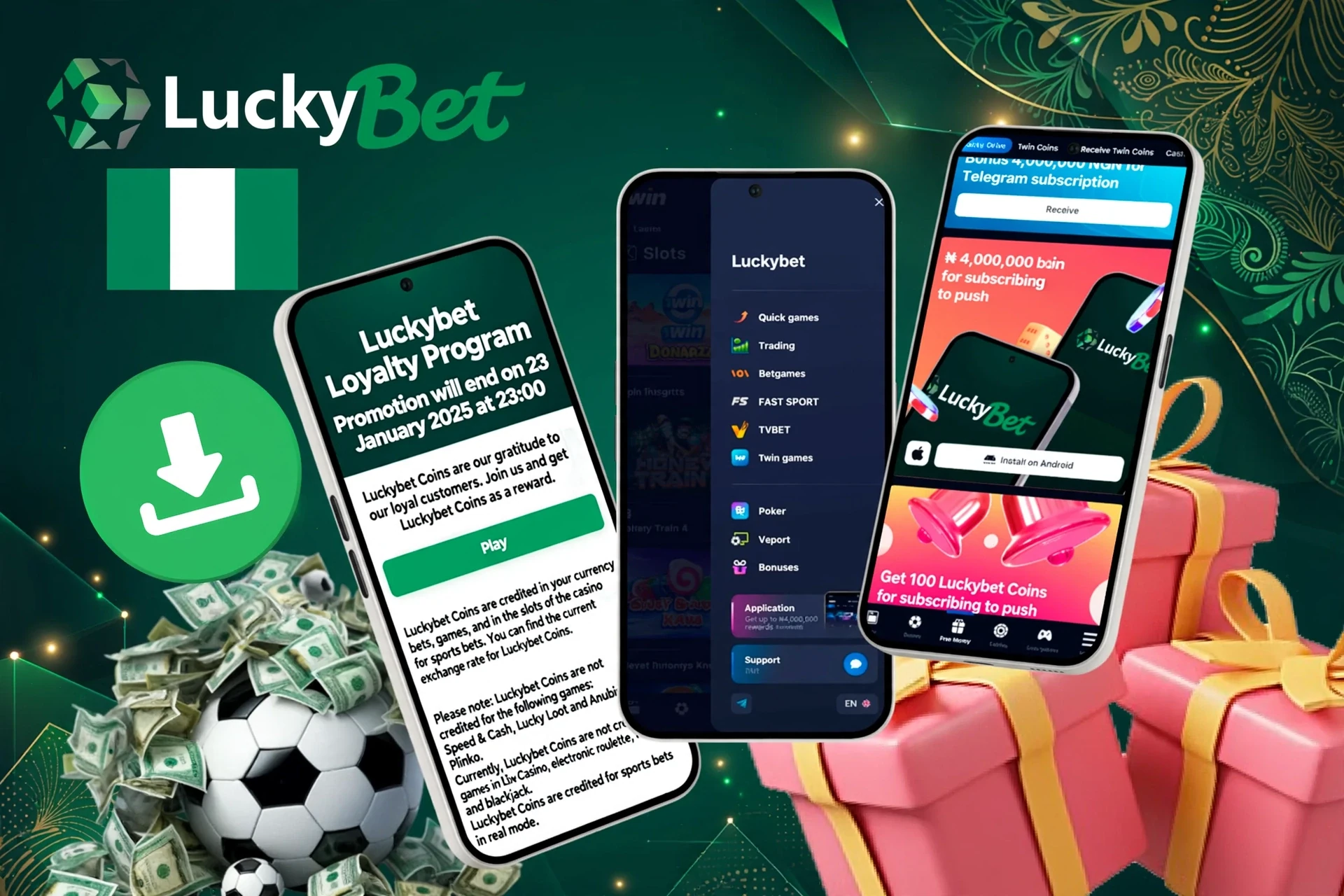Mobile screens showing loyalty program, app installation bonus, and football icon with download button