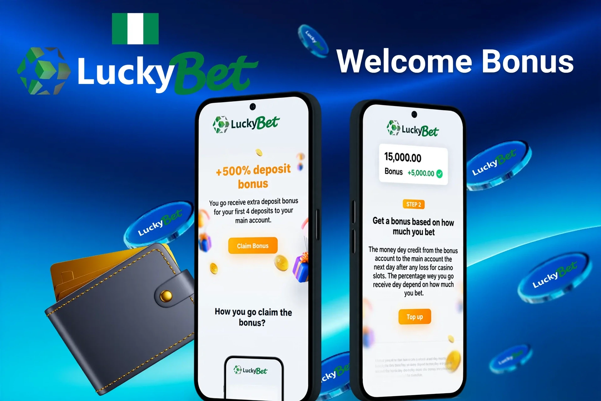 LuckyBet welcome bonus screen with up to +250% deposit bonus for first deposits, displayed on two mobile screens