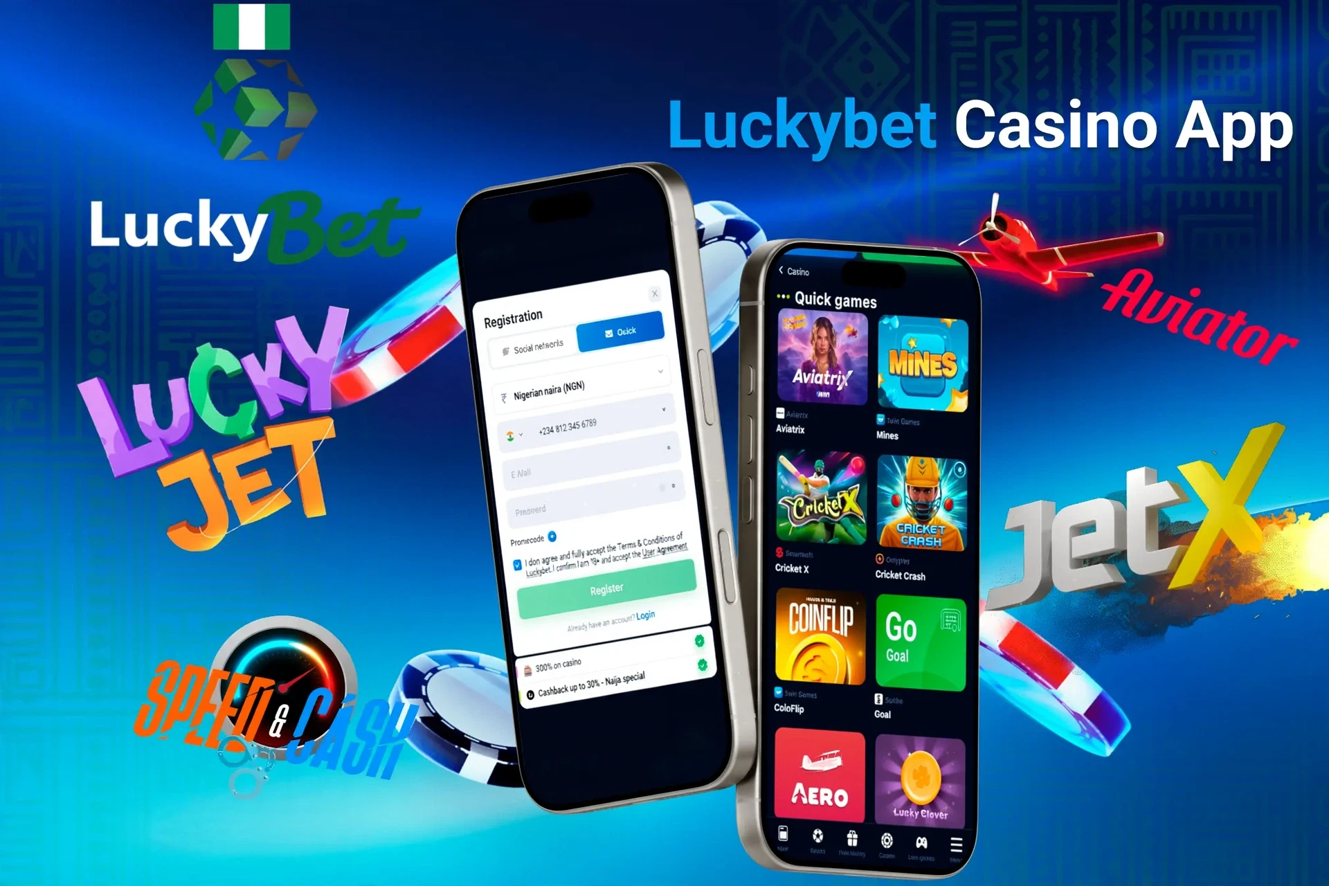 LuckyBet Casino app registration screen with quick games like Aviatrix and JetX