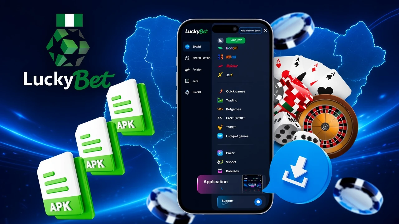 LuckyBet app with APK file icons and casino chips illustrating mobile access to LuckyBet games