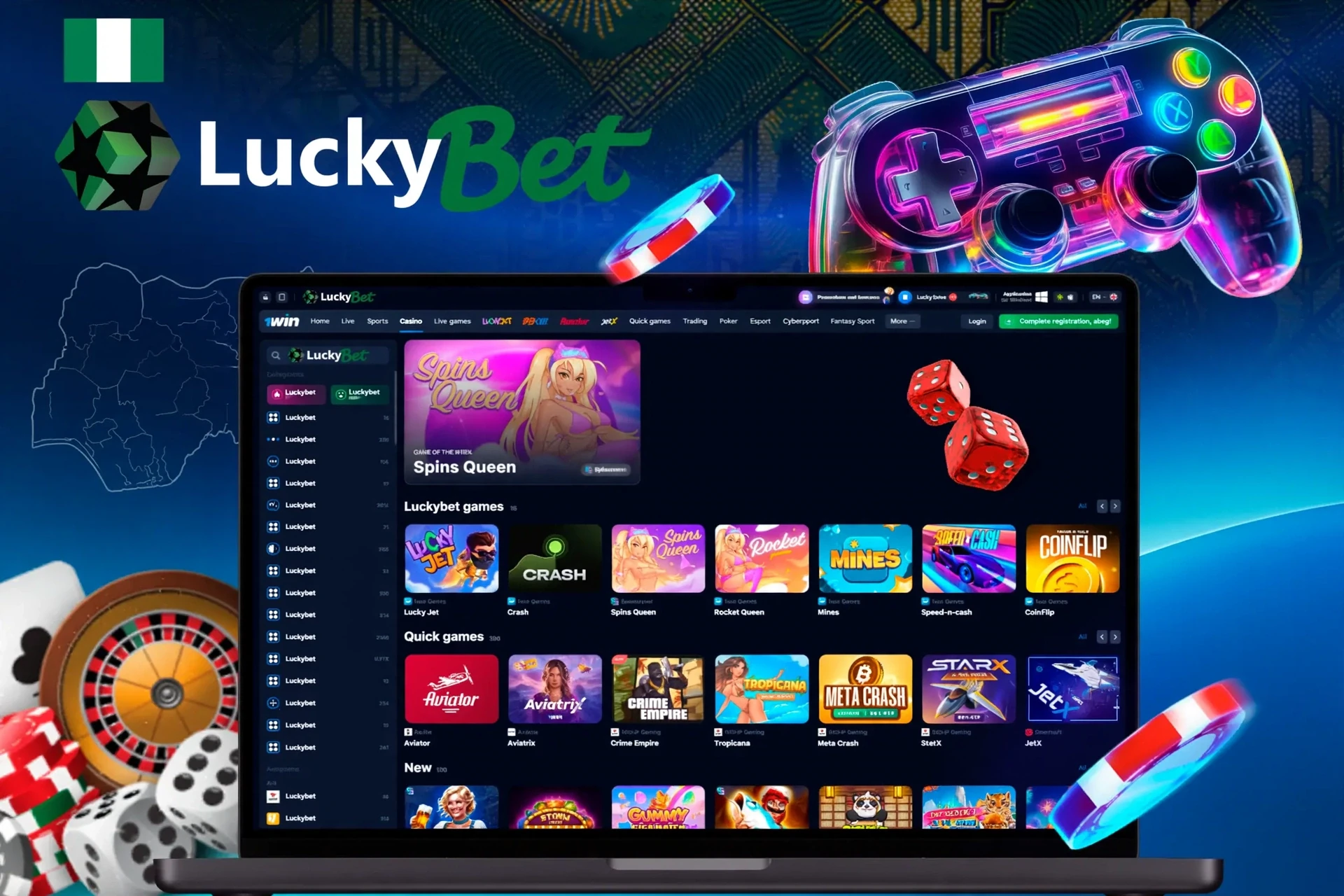 app interface showing a variety of games with vibrant game controller icon representing LuckyBet's diverse offerings