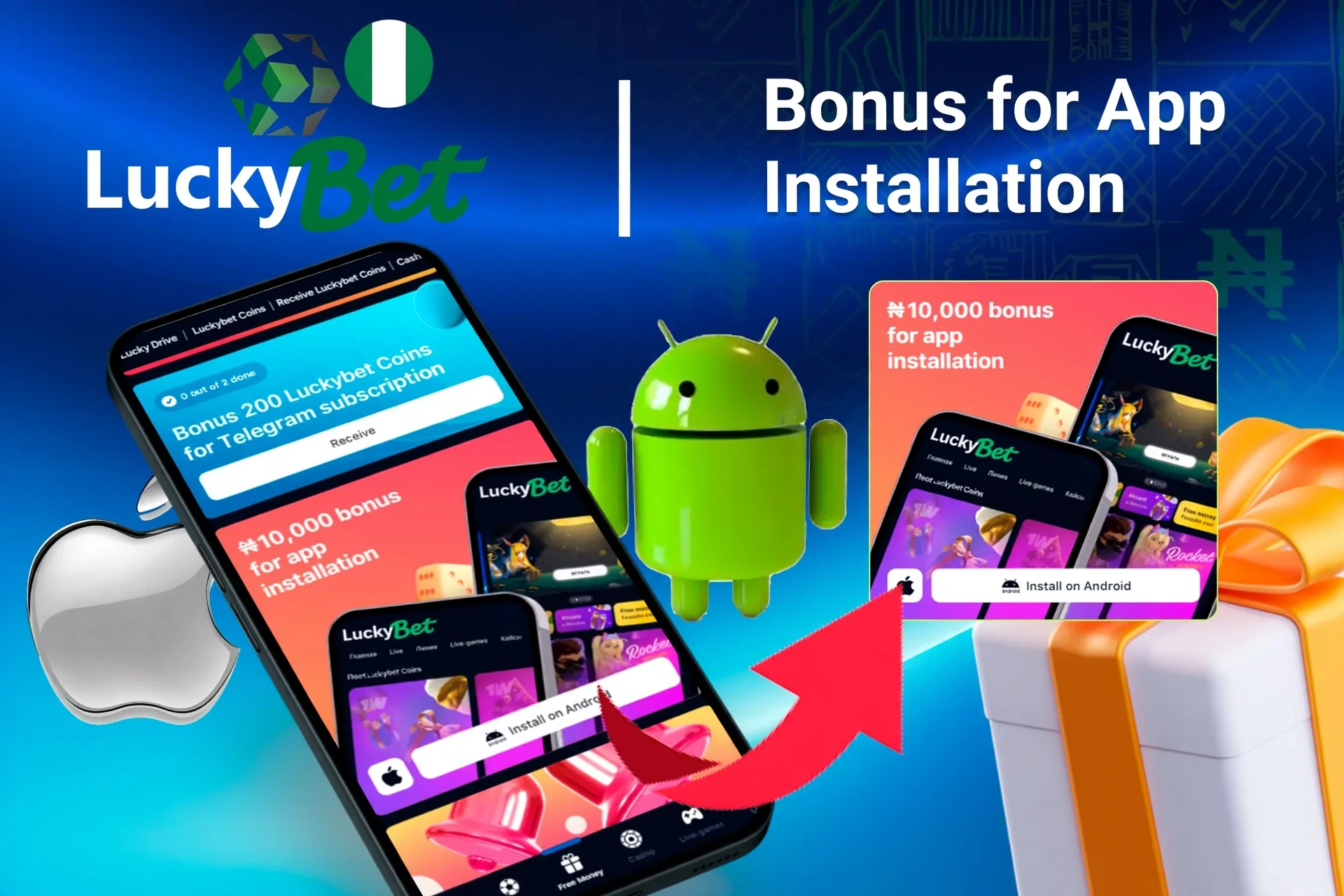 LuckyBet bonus offer for app installation on mobile with Android and Apple logos, and gift boxes