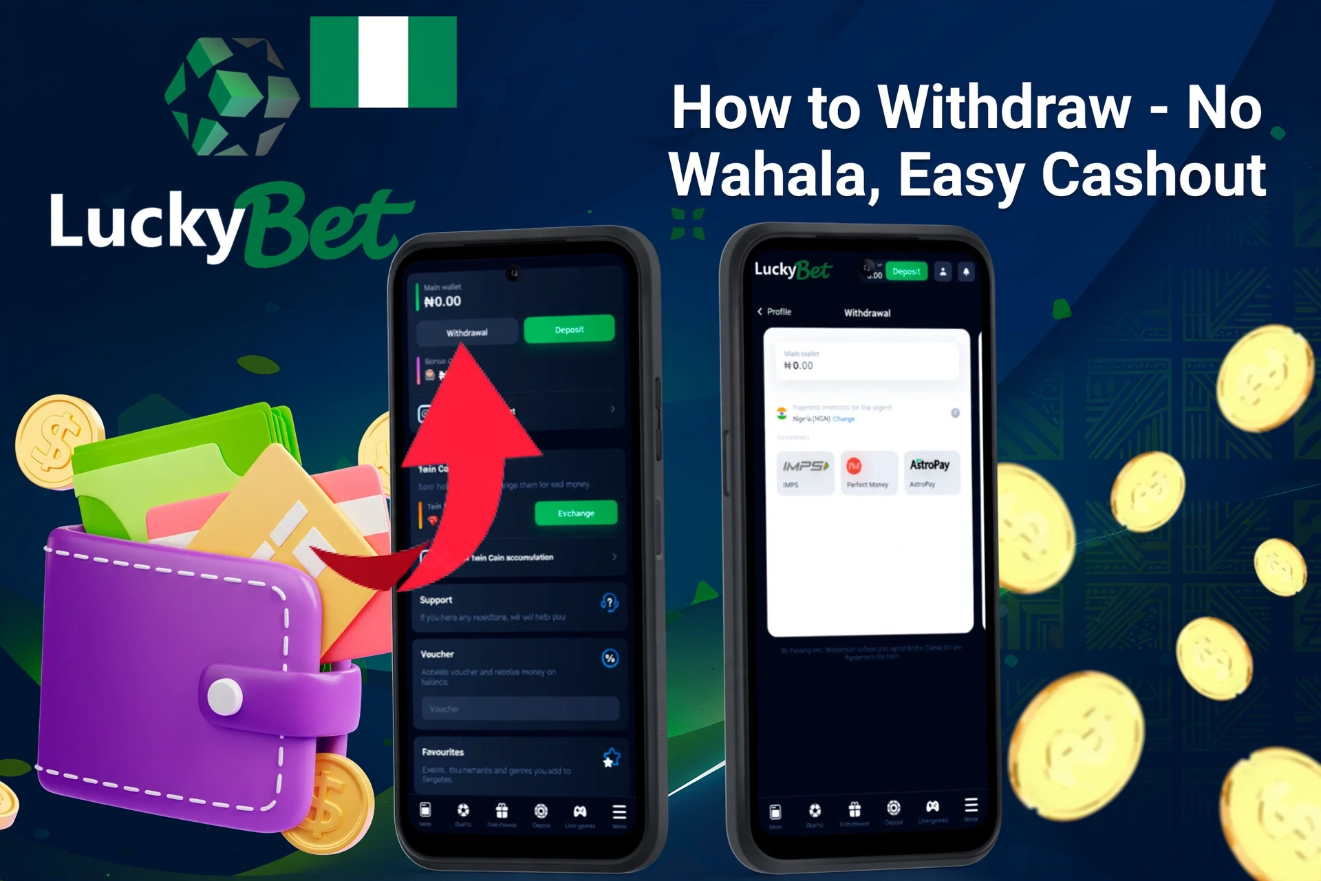 mobile interface showing LuckyBet withdrawal process with an arrow pointing to withdrawal options and available wallet balance