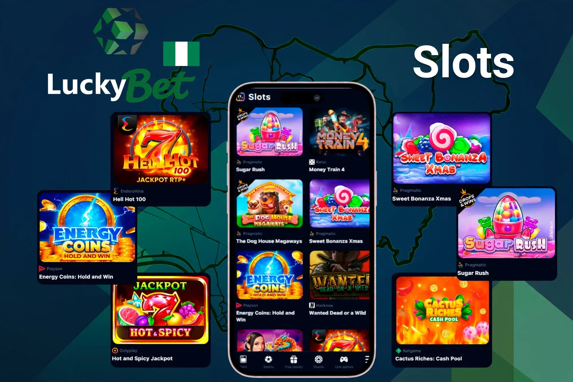 Slot games featuring popular titles like Sugar Rush, Energy Coins, and Hell Hot 100 on mobile and desktop