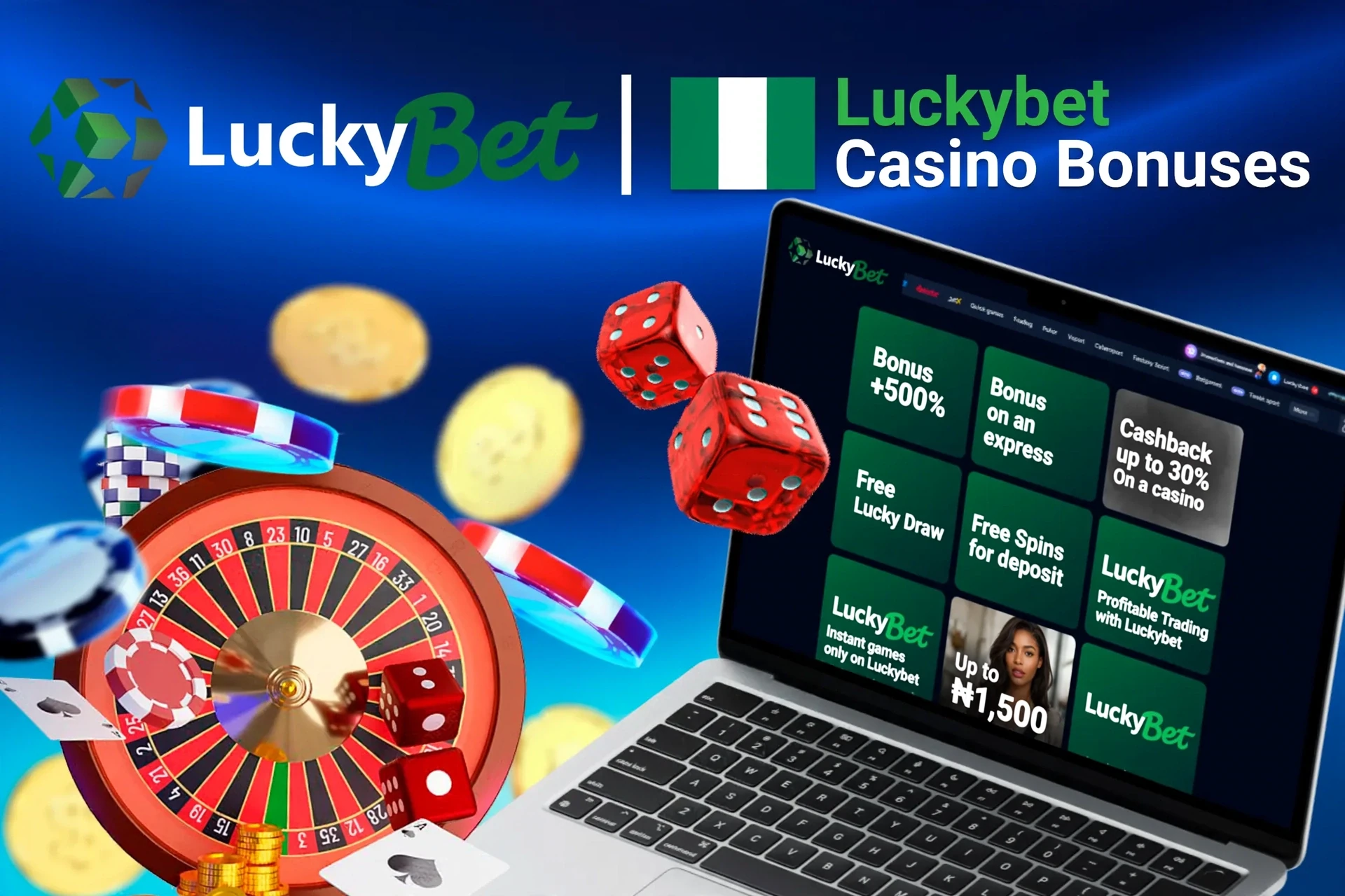 Laptop screen showing various LuckyBet casino bonuses with roulette, dice, and poker chips