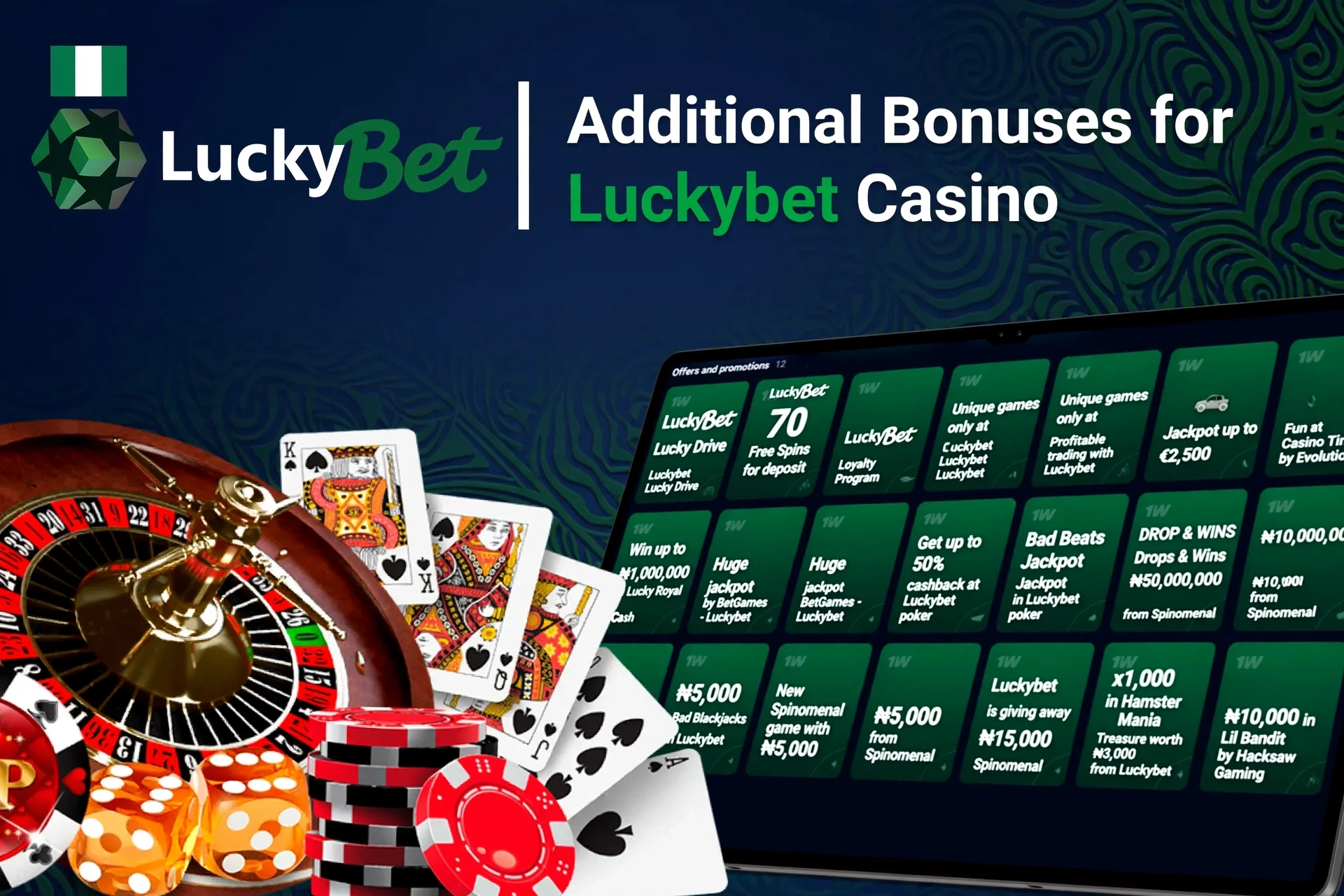 Mobile app showing casino game offers like loyalty program and free spins with poker chips and cards