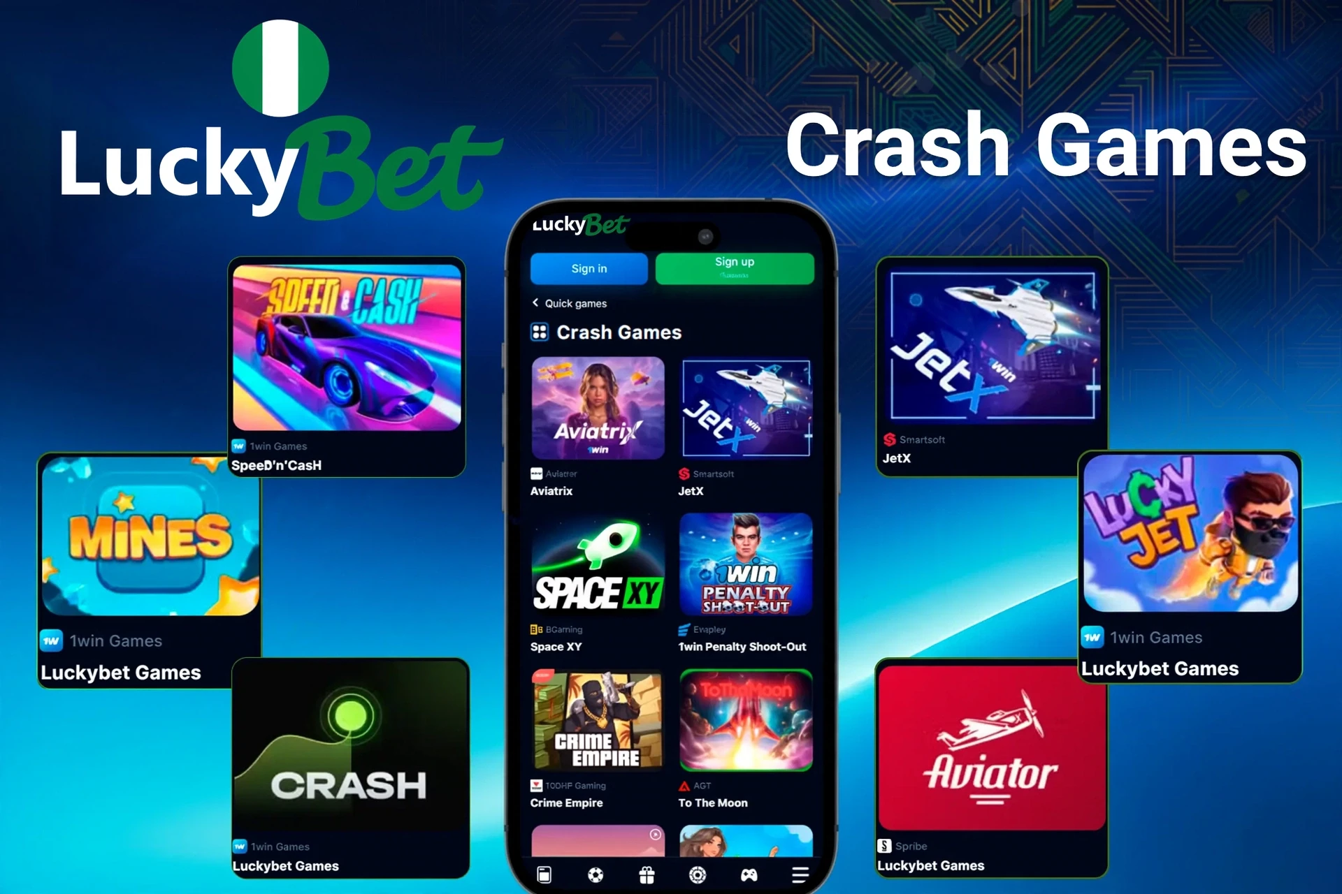 Crash games such as Mines, Speed-n-Cash, JetX, and Lucky Jet shown on mobile app