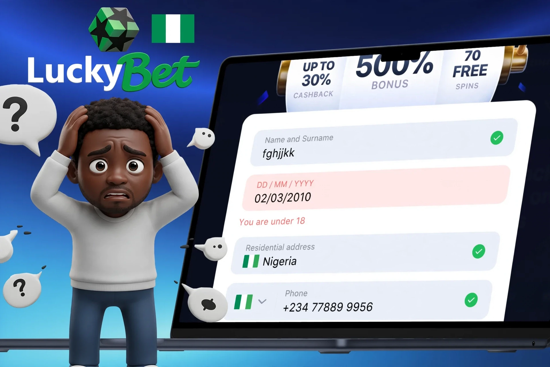 Description of possible difficulties when registering on LuckyBet
